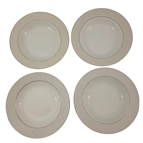 Mikasa Fine China Parchment Platinum Trim Rimmed Soup Salad Bowls – Set of 4 - Picture 1 of 16